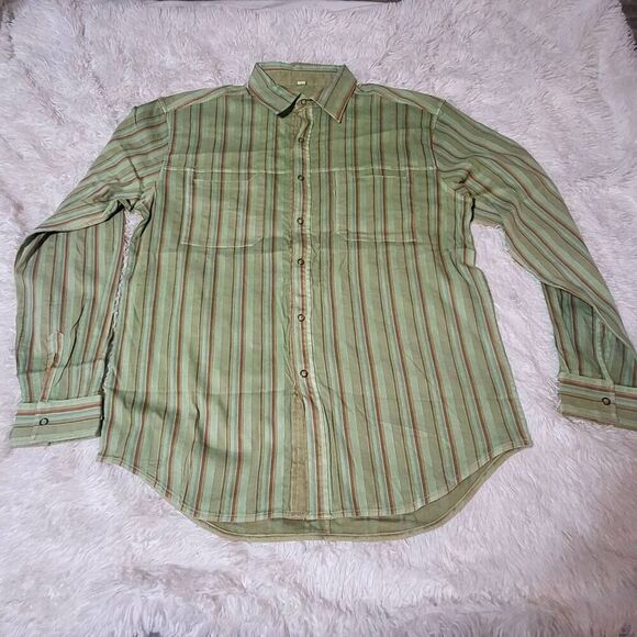 Men's stripe green stripe long sleeve button-up with chest pocket shirt L - Picture 1 of 6
